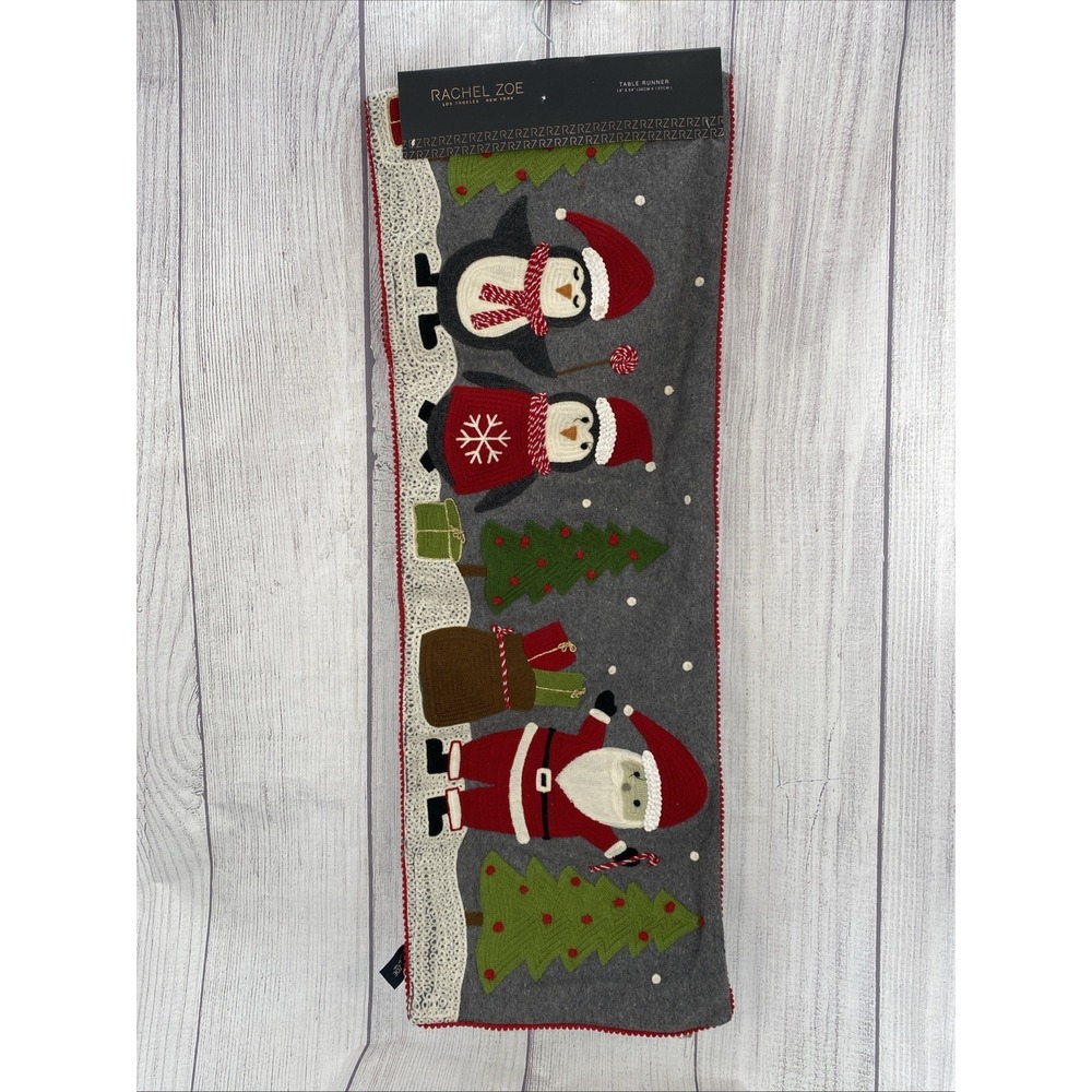 Rachel Zoe Table Runner Christmas Penguins Santa Embroidered Charcoal Gray Wool